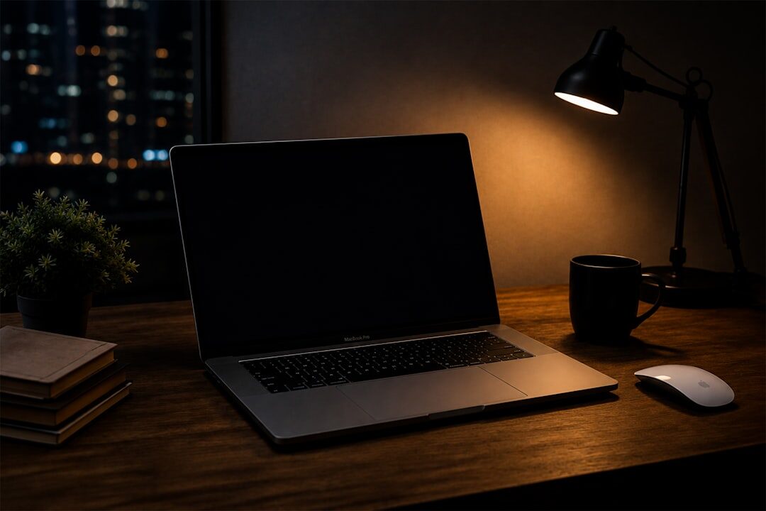 writer typing on laptop in dark room