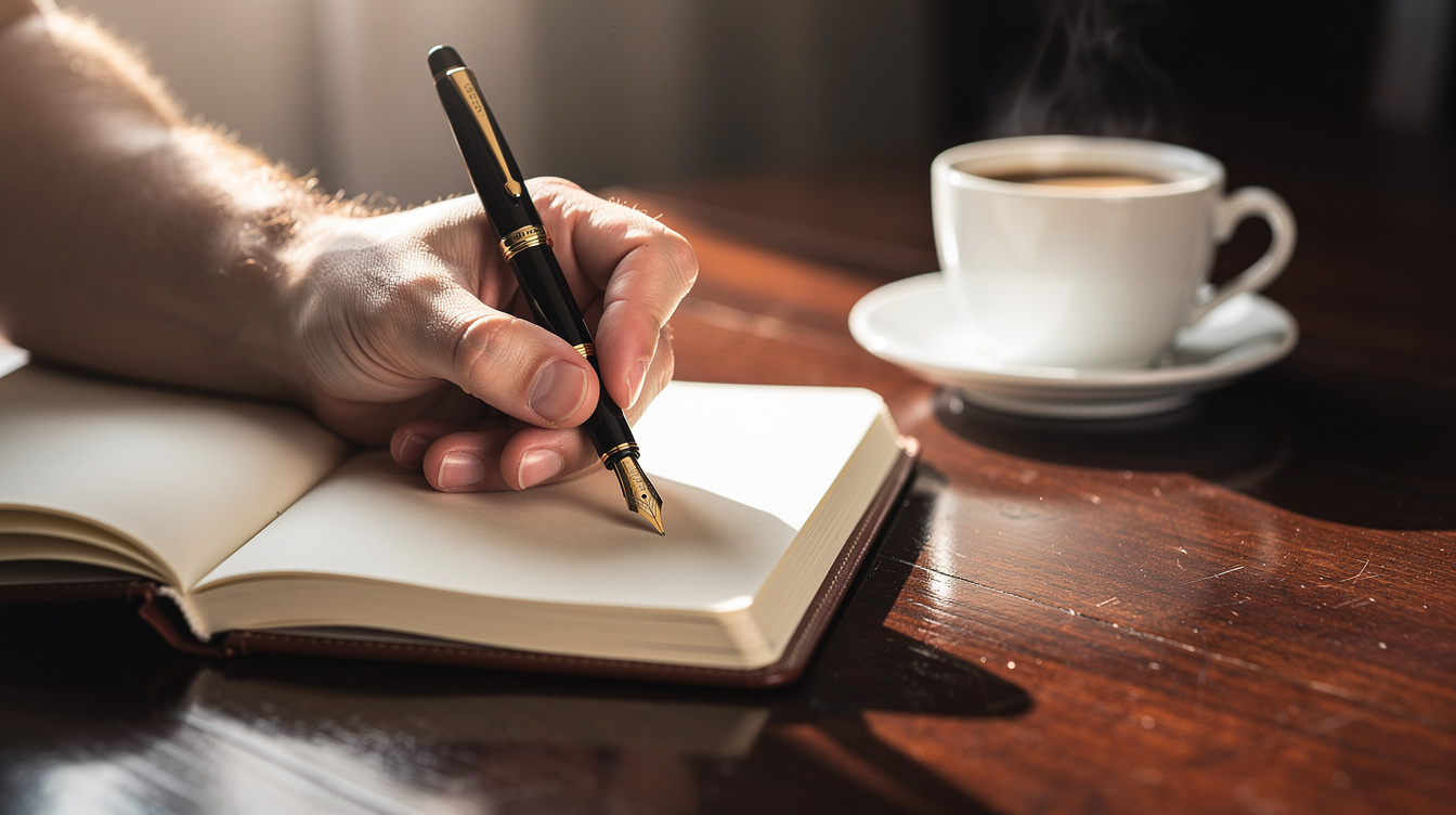 Close-up of a hand writing in a leather notebook beside a cup of coffee