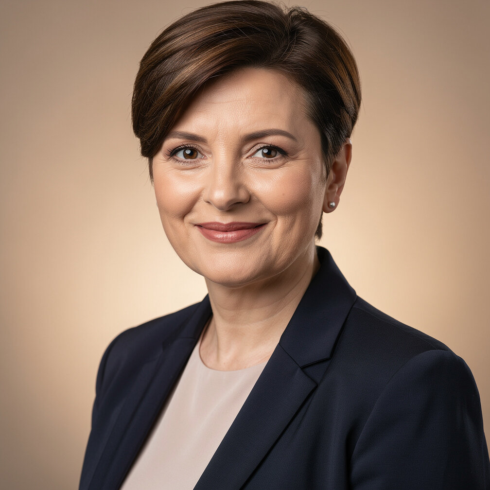 Portrait of a Croatian female book editor in her forties with short brown hair