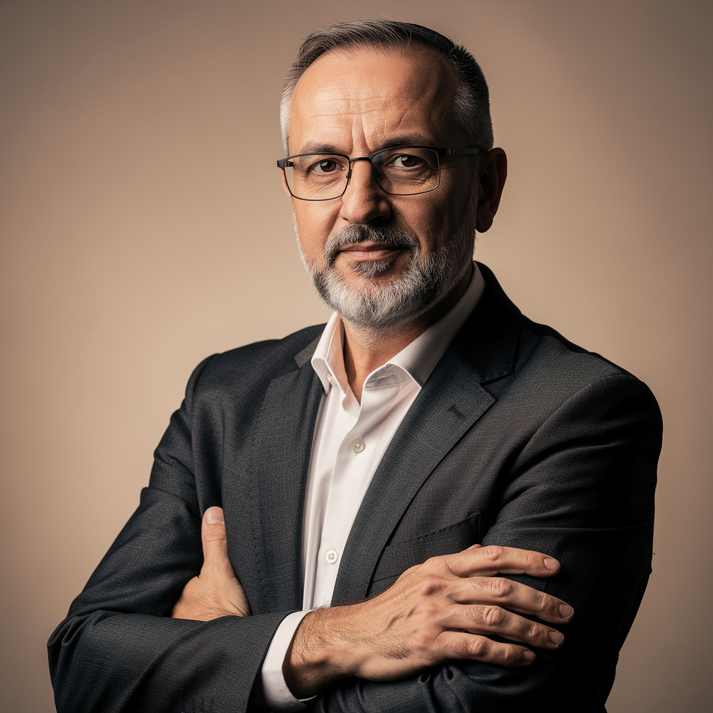 Portrait of a Croatian male mystery writer in his fifties with grey beard and dark jacket